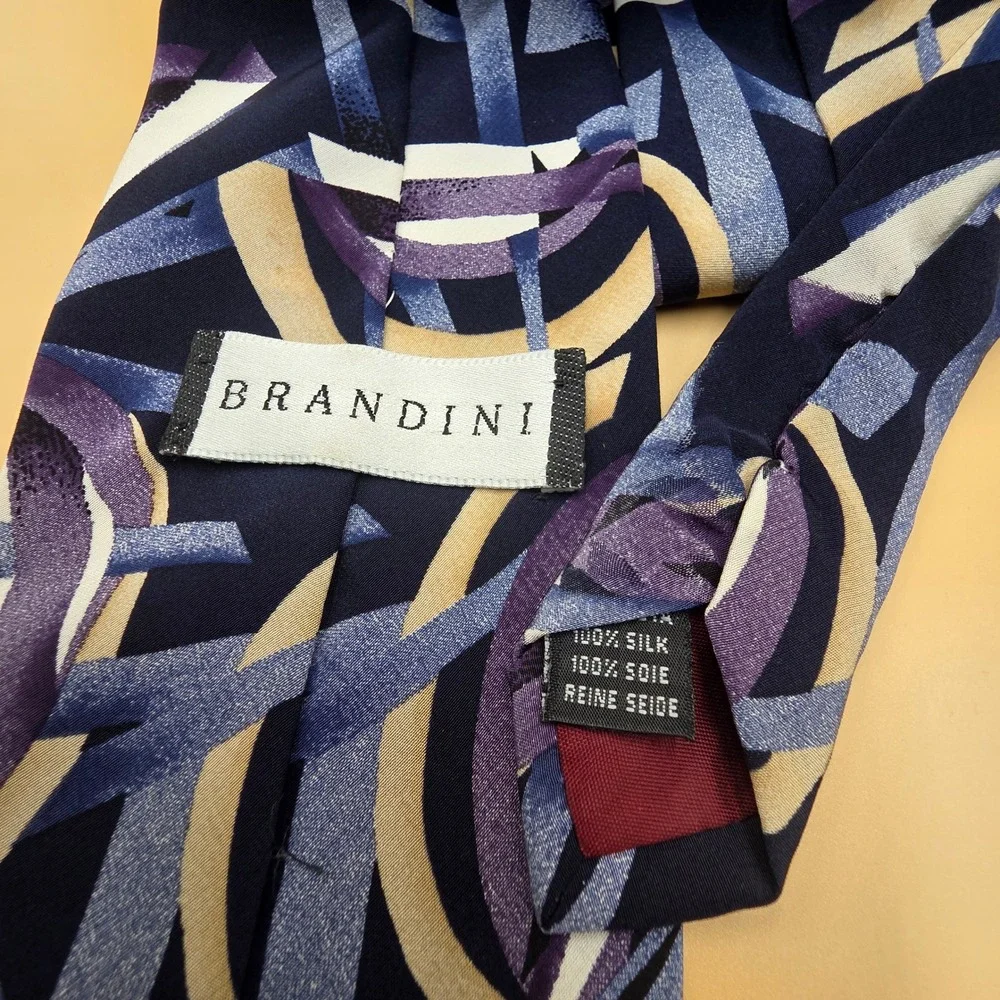 Brandini Mens Silk Necktie Abstract Geometric Navy Blue Purple Tan White